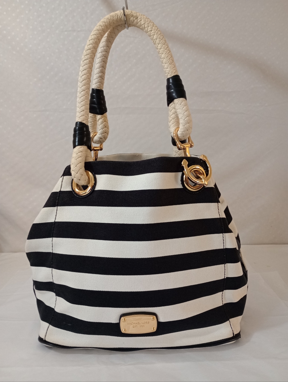 Michael Kors Marina black and withe stripes rope handles gold anchor Bag